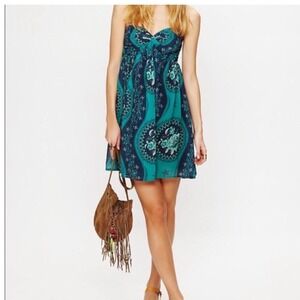 Free People Babydoll Dress Floral Teal Navy Smocked Back Boho Mini Dress Small